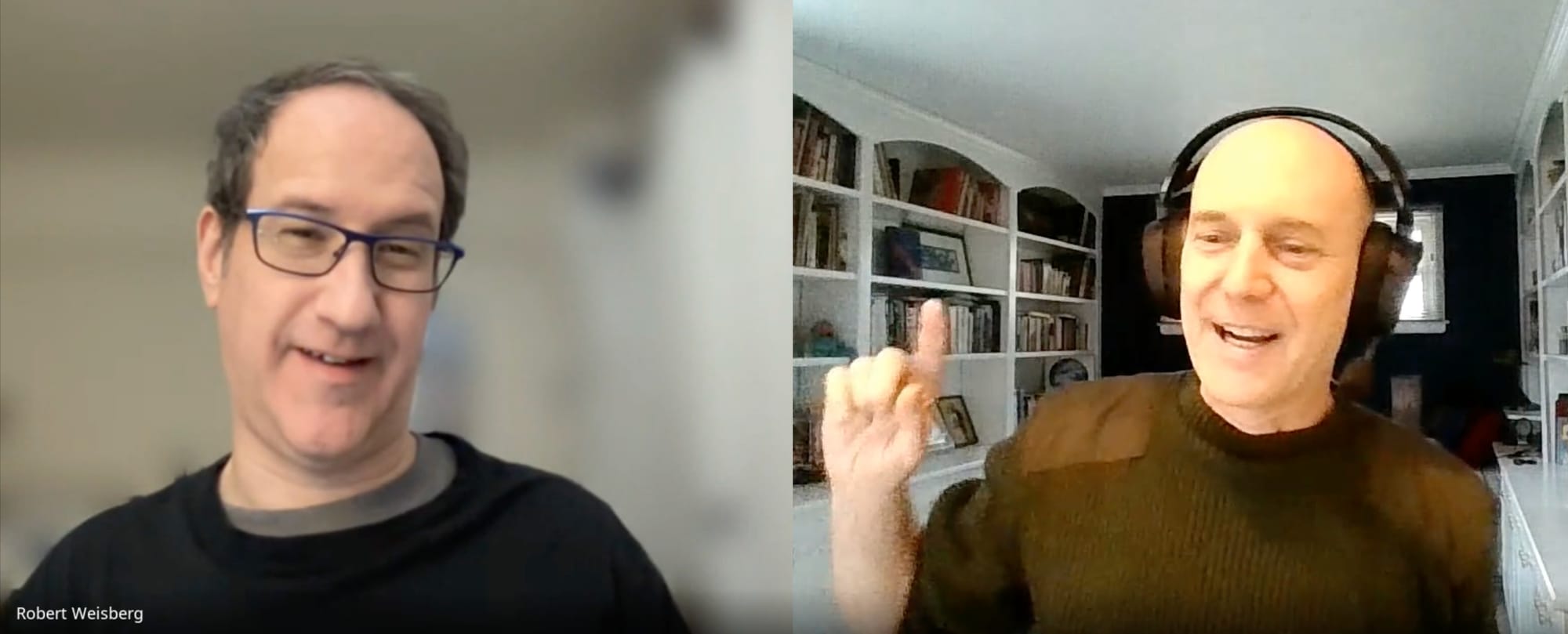 two men speaking in a split-screen image from an online video call