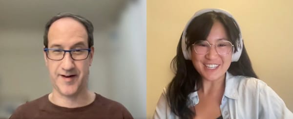 a split screen of two people speaking on a video call